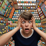 ** A person overwhelmed by points and badges in an online course, focusing on accumulating them rather than learning the material. The scene should visually represent the feeling of being trapped in a game-like system that distracts from the actual educational goal.

**