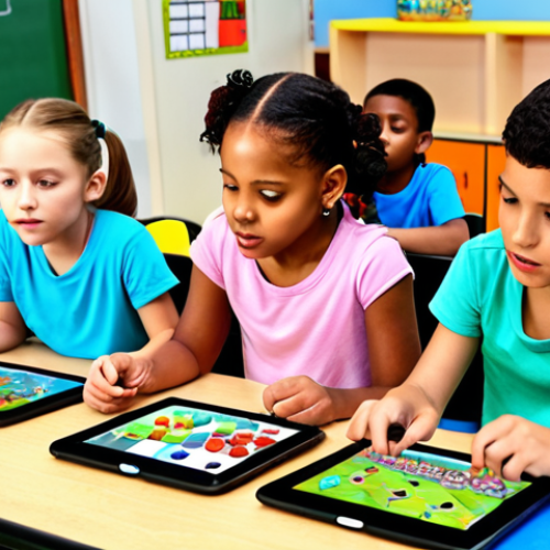 Home 6 **A vibrant, diverse classroom scene with children actively engaged in playing a math-based video game on tablets, highlighting the fun and interactive nature of learning.**