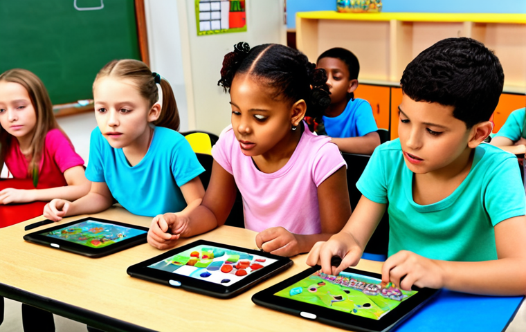 **A vibrant, diverse classroom scene with children actively engaged in playing a math-based video game on tablets, highlighting the fun and interactive nature of learning.**