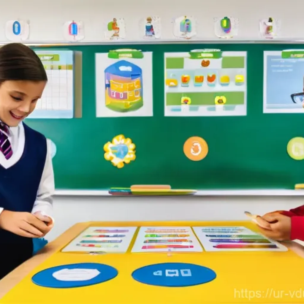 게이미피케이션의 학습 이론과 실제 - **Gamified Classroom Adventure:** "A vibrant, modern classroom buzzing with activity. Diverse studen...