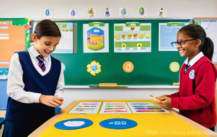 게이미피케이션의 학습 이론과 실제 - **Gamified Classroom Adventure:** "A vibrant, modern classroom buzzing with activity. Diverse studen...