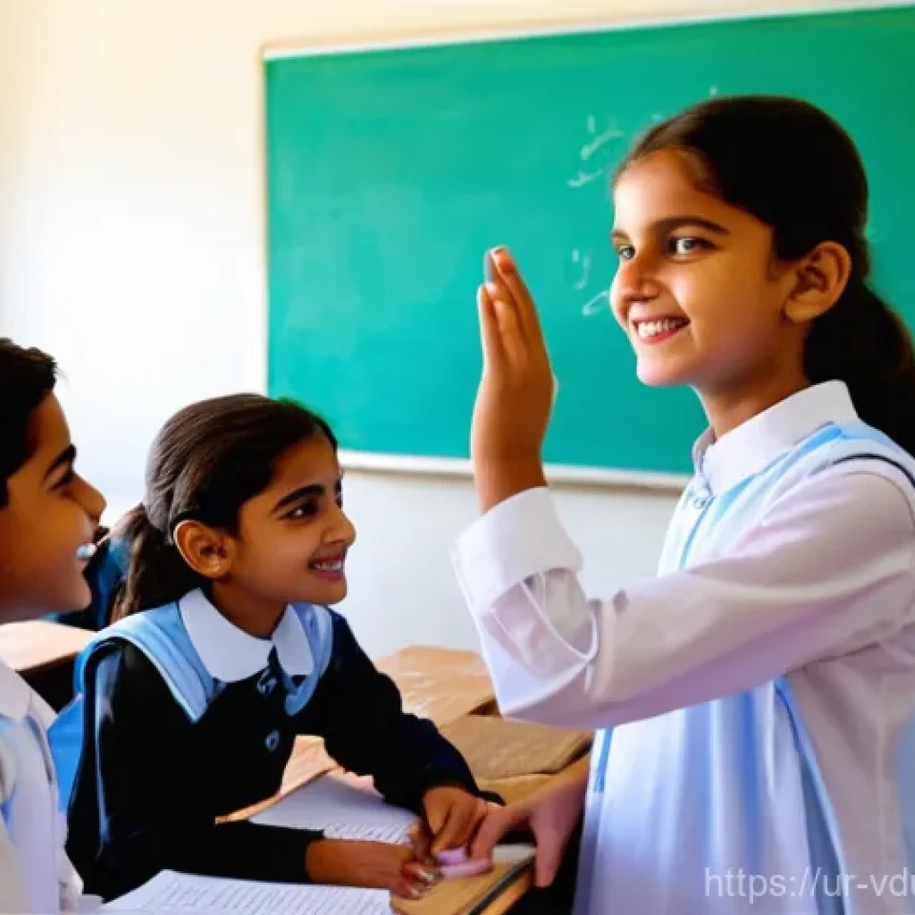 게이미피케이션과 학업 성취도의 관계 - **Prompt:** A vibrant, sunlit classroom in a modern Pakistani school, where a diverse group of prima...