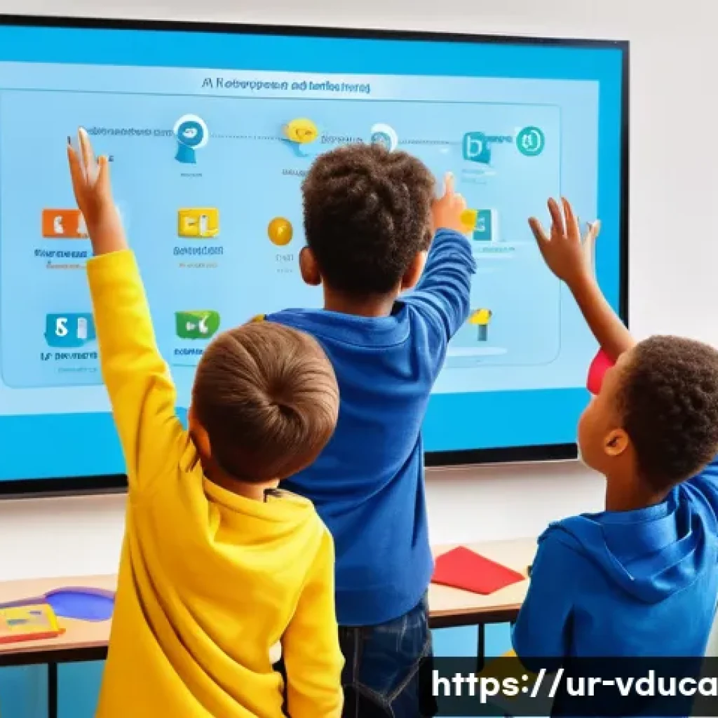 성공적인 게이미피케이션 사례 분석 - **Prompt: A group of diverse children, aged 6-10, enthusiastically interacting with a large, interac...
