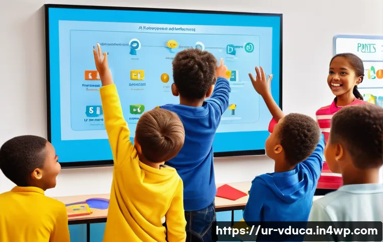 성공적인 게이미피케이션 사례 분석 - **Prompt: A group of diverse children, aged 6-10, enthusiastically interacting with a large, interac...