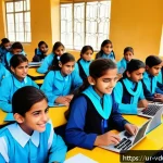 게임 요소가 교육내용에 미치는 영향 - A vibrant classroom scene in a modern Pakistani school where children aged around 10-12 are actively...