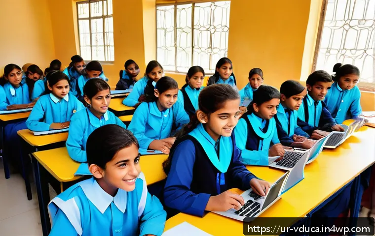 게임 요소가 교육내용에 미치는 영향 - A vibrant classroom scene in a modern Pakistani school where children aged around 10-12 are actively...