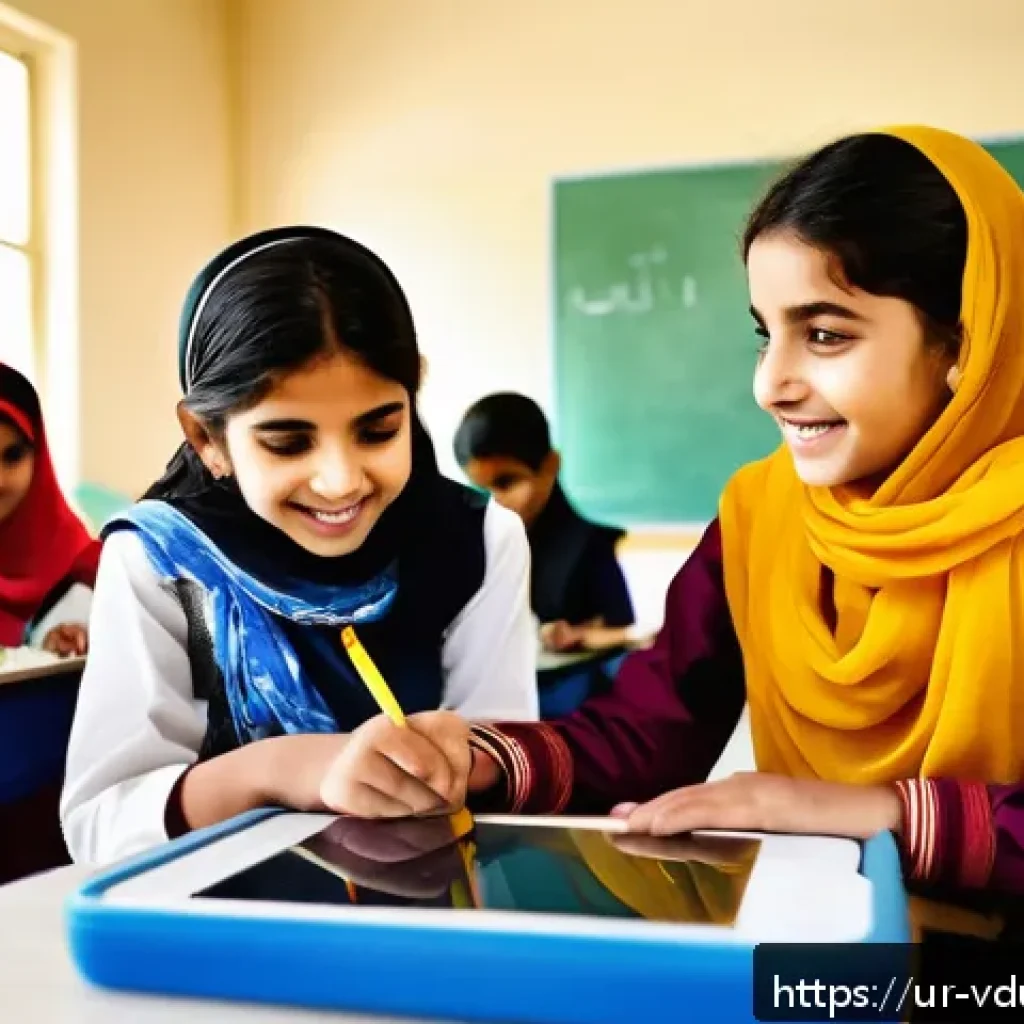 게이미피케이션 교육 플랫폼 추천 - A vibrant classroom scene in a modern Pakistani school where diverse Urdu-speaking students aged 8-1...