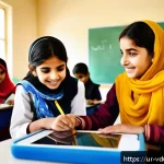 게이미피케이션 교육 플랫폼 추천 - A vibrant classroom scene in a modern Pakistani school where diverse Urdu-speaking students aged 8-1...
