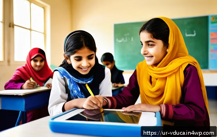 게이미피케이션 교육 플랫폼 추천 - A vibrant classroom scene in a modern Pakistani school where diverse Urdu-speaking students aged 8-1...