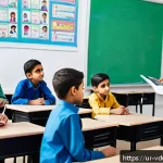 게이미피케이션을 통한 자기주도 학습 촉진 - A vibrant classroom scene in a modern Pakistani school where diverse students are engaged in an inte...