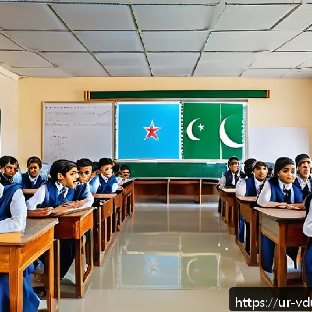 게이미피케이션 교육의 성공적인 론칭 전략 - A modern classroom scene in Pakistan with diverse Urdu-speaking students engaged in a gamified onlin...
